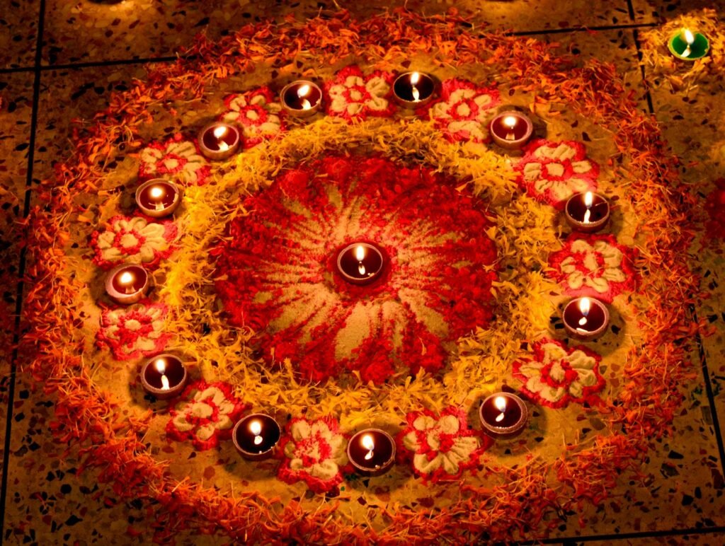Diwali diyas arranged for worship